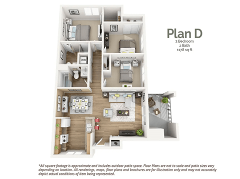 Floor plan for 3 beds, 2 baths, 1178 sqft